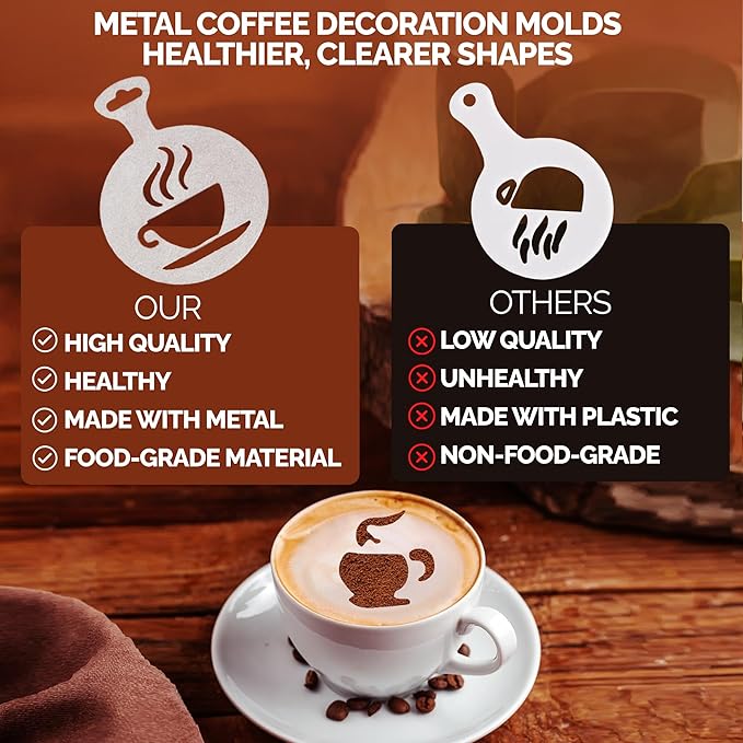 5Pcs Stainless Steel Reusable Metal Coffee Stencils for Latte Art Coffee Decorating Kit - Cookie Stencils for Royal Icing - Metal Baking Stencil Christmas- Cake Decorating Kit