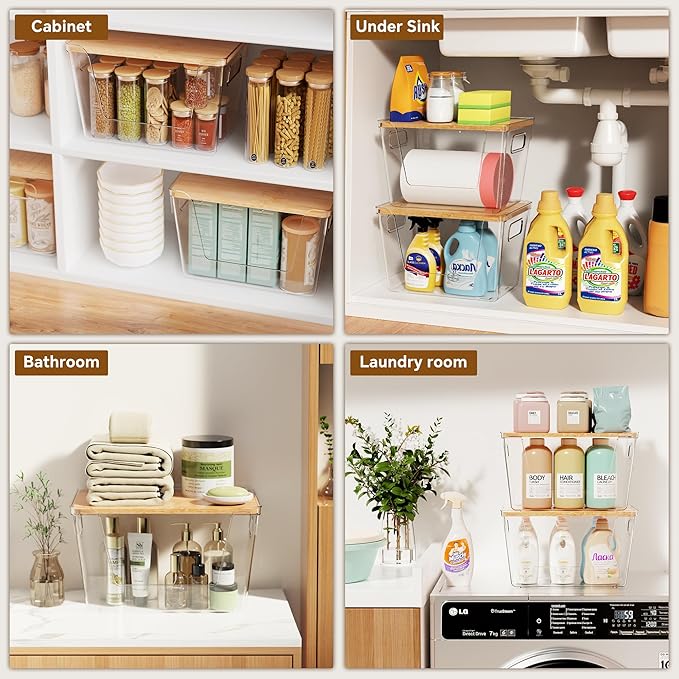 Criusia 2 Set Pantry Organizers and Storage with Bamboo Lids, Stackable Clear Bins for Onion, Potato, Fruit, Vegetables, Trash Bag Dispenser, Kitchen and Under Sink Organizer