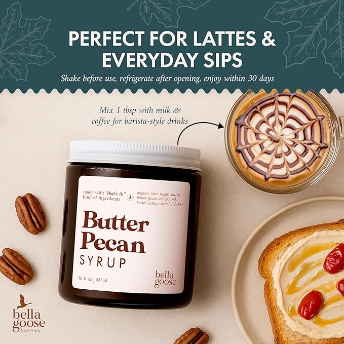 Bella Goose Butter Pecan Coffee Syrup Jar (16oz) - Homemade Pure Cane Sugar Syrup for Lattes, Matcha, Desserts - Clean Ingredient - No Artificial Flavors - Syrups for Coffee Drinks