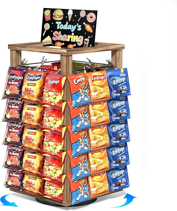 Emfogo Chip Rack Display Stand, 5-Tier Snack Organizer with 50 Clips for Office Desk, 360° Rotating Wooden Base Chip Holder, Snack Display for Concession Stand, Countertop, Party, with Message Board