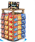 Emfogo Chip Rack Display Stand, 5-Tier Snack Organizer with 50 Clips for Office Desk, 360° Rotating Wooden Base Chip Holder, Snack Display for Concession Stand, Countertop, Party, with Message Board