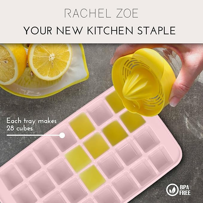 Rachel Zoe 2-Piece Stackable Ice Cube Tray with Bin Set, BPA Free 56 Cubes Ice Tray for Freezer with Bucket, Scoop and Easy Release Lid, for Fruit & Herb Infusions, Cocktails, Iced Coffee Drinks