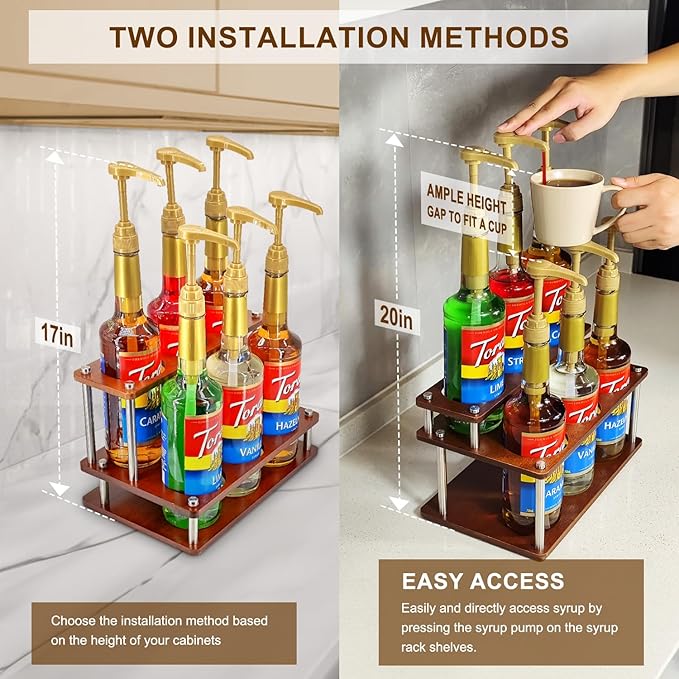 Coffee Syrup Organizer Rack,2-Tier Coffee Syrup Stand Holder for Coffee Station Countertop,6 Bottles Storage Display Shelves for Wine, Dressing Cocktail in Coffee Bar