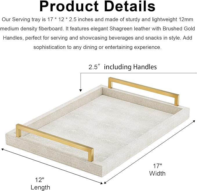 Ivory Shagreen Decorative Tray Large Rectangle Coffee Table Tray for Ottoman Faux Leather Serving Tray with Brushed Gold Handles