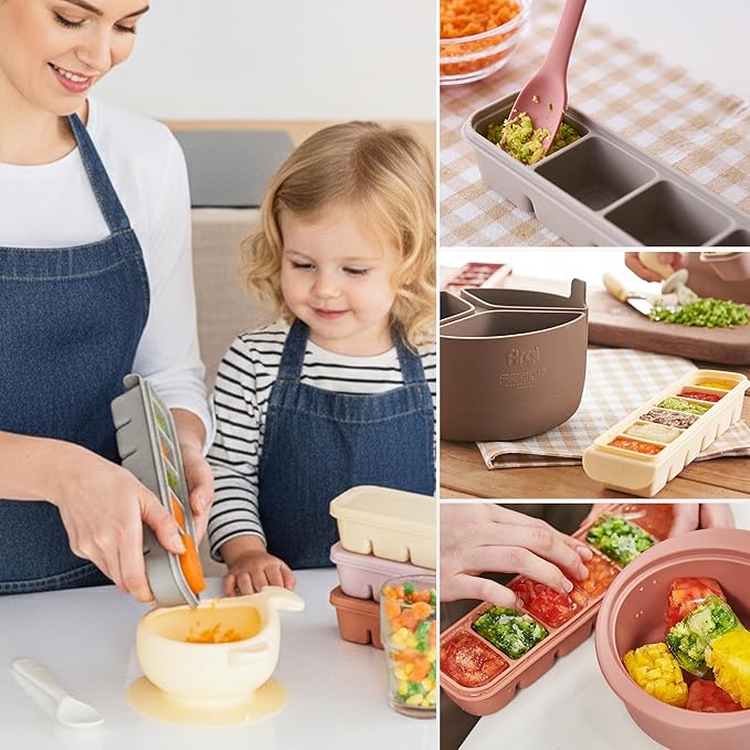 Silicone Ice Cube Freezer Tray with Lid, 100% Food-Grade Platinum Silicone,Leak Resistance & Dishwasher Safe for Baby Food Prep,Breast Milk,Purees - Korean Made (Beige 2-Pack 1 oz/6 Sections)