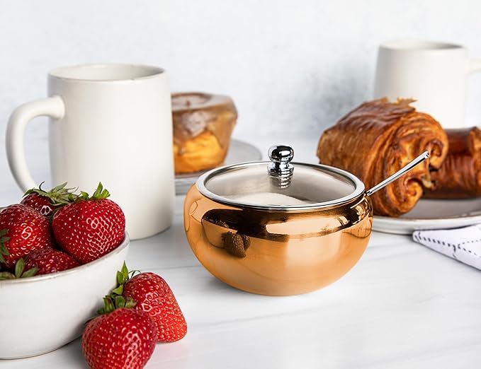 KooK Sugar Bowl, Sugar Bowl with Lid and Spoon, Sugar Container with Lid, for Salt, Coffee, Holds 2 Cups, Dishwasher Safe, Copper, 16 Oz