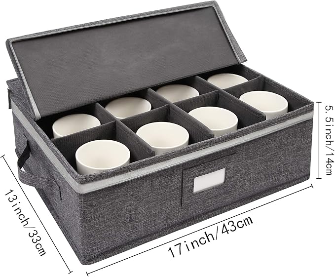popoly Cup and Mug Storage Box, China Cup Storage Containers Chest with Zipper Lid and Handles, Holds 12 Coffee Mugs and Tea Cups, Hard Shell and Stackable (Grey)