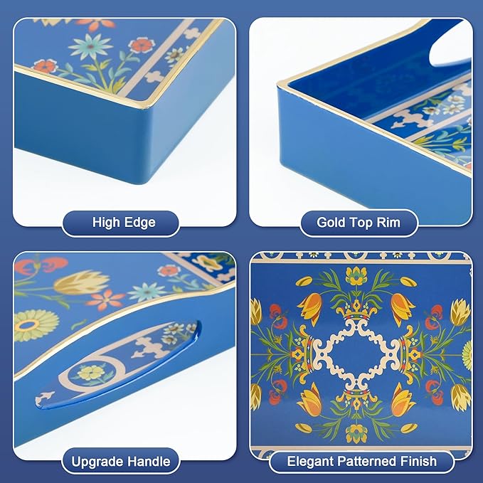 Gifturbo Blue Decorative Tray with Four Handles, Versatile Serving Tray for Coffee Table, Ottoman, Ideal for Serving, Displaying, Organizing,Home Decor