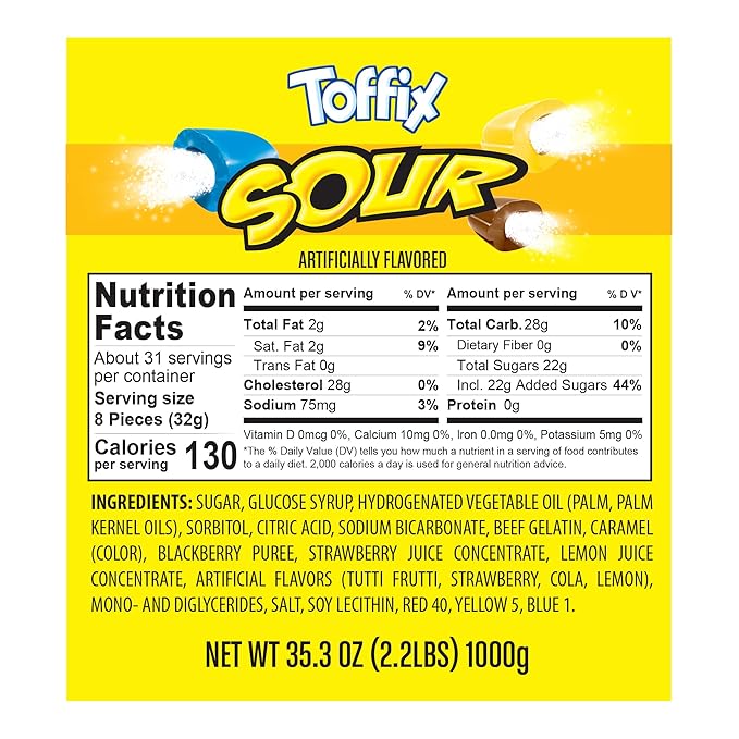 Toffix Sour Chews, Center-Filled Soft Chewy Candy, 250 Pieces of Individually Wrapped Snacks for Kids & Adult, Strawberry, Blueberry, Lemon & Cola Flavored Chewy Candies - 2 Pound Bulk Bag - Pack of 8