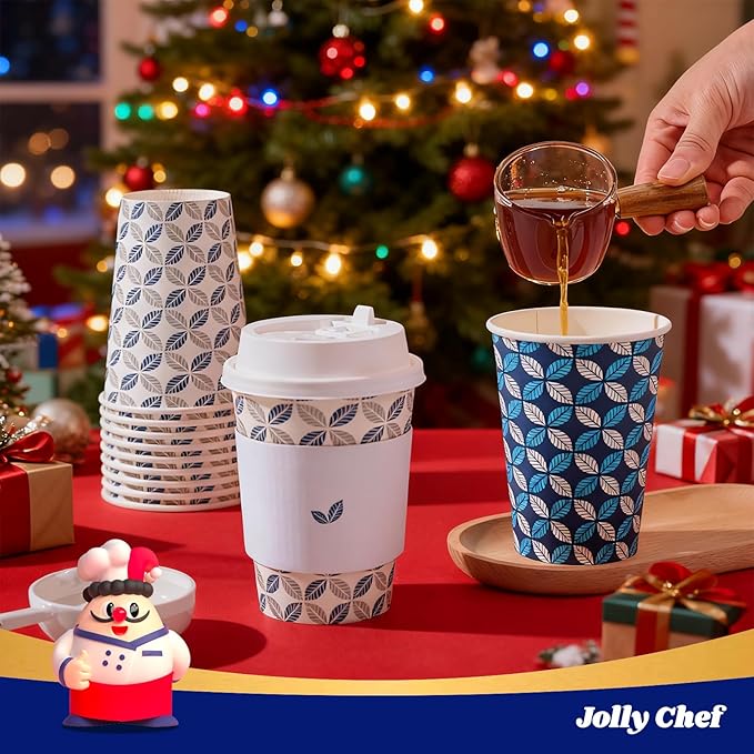 JOLLY CHEF 12oz Paper Coffee Cups 100 Pack, Disposable To Go Coffee Cups with Lids, Sleeves and Stirrers for Christmas