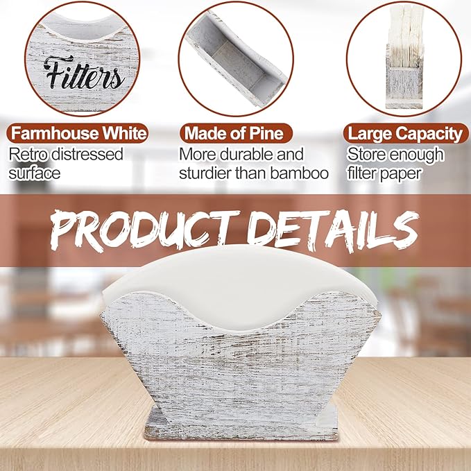Juexica Farmhouse Cone Coffee Filter Holder Storage number 4 Rustic Wood Holder Organizer Counter Mount for Square Cone Shaped Flat Bottomed Paper(White)
