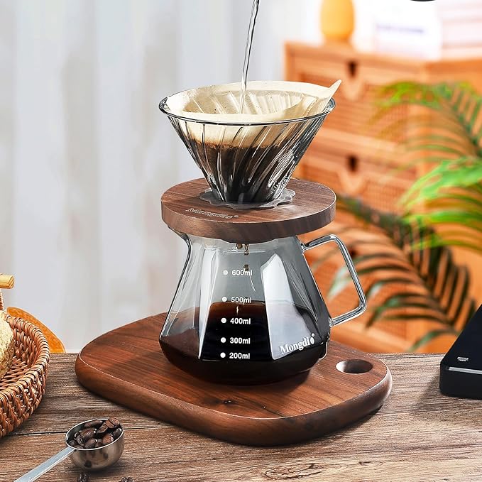 Mongdio Pour Over Coffee Maker, 20 oz High-Heat Borosilicate Glass Coffee Maker with 100pcs V60 Paper Filters, Walnut Handle & Glass Lid, Drip Coffee Maker Set for Home Café Restaurant - 600ml, Gray