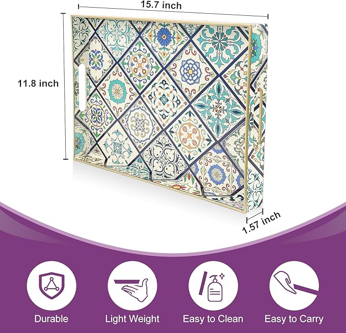 Gifturbo Serving Tray with Handles, Plastic Decorative Rectangular Tray for Coffee Table, Living Room, Home Decor, Outdoor Trays,Serving Breakfast Kitchen Platter,Boho