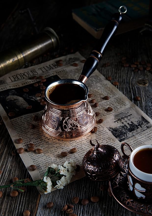 DEMMEX Thickest Copper Turkish Greek Arabic Coffee Pot, Stovetop Coffee Maker, Cezve Ibrik Briki with Wooden Handle & Spoon, Hand Engraved