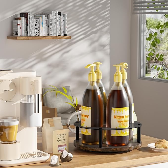 Invech Rotating Coffee Syrup Rack, Wood Syrup Holder for Countertop & Coffee Bar, 4 Bottles Turntable Wine Display Tray for Bar