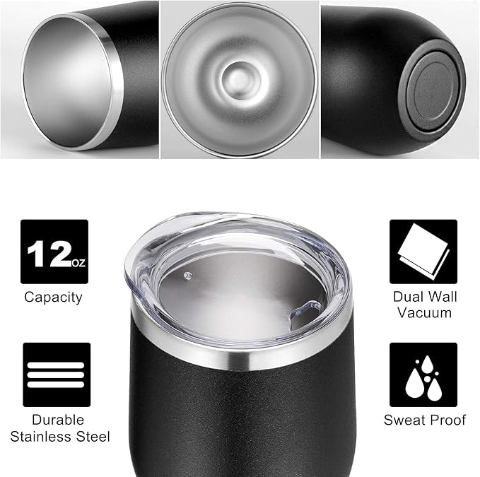 VEGOND 12oz Stainless Steel Wine Tumbler with Lid and Straw, Double Wall Vacuum Insulated Stemless Wine Glass Tumbler Cup, Coffee Mug for Cold Hot Drinks