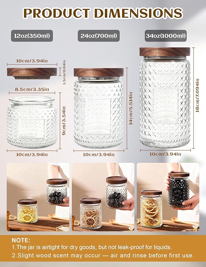 Glass Jar with Wood Lid and Label - 12 OZ Small Kitchen and Pantry Storage Container for Countertop, Airtight Decorative Vintage Canister for Candy, Cookie, Treat, Sugar, Coffee, Tea