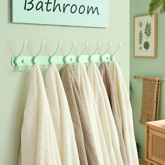 Dseap Coat Rack Wall Mount - 29.5” Long 8-Tri-Hooks Heavy Duty Coat Hanger Rail Wall Hooks for Hanging Coats Hats Clothing Clothes Purse Mudroom Entryway, Green