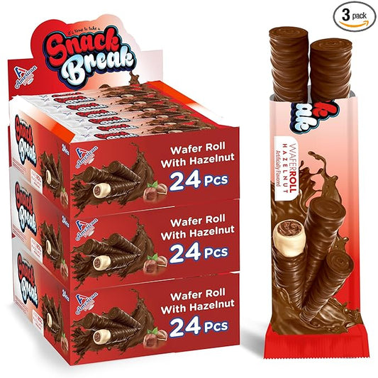 Snack Break Hazelnut Wafer Rolls, Rolled Wafer Cookies, Cocoa Coated Delicious Snack, Individually Wrapped, Crunchy Sticks for On-the-Go, Coffee, Tea, 24 Count (Pack of 3)