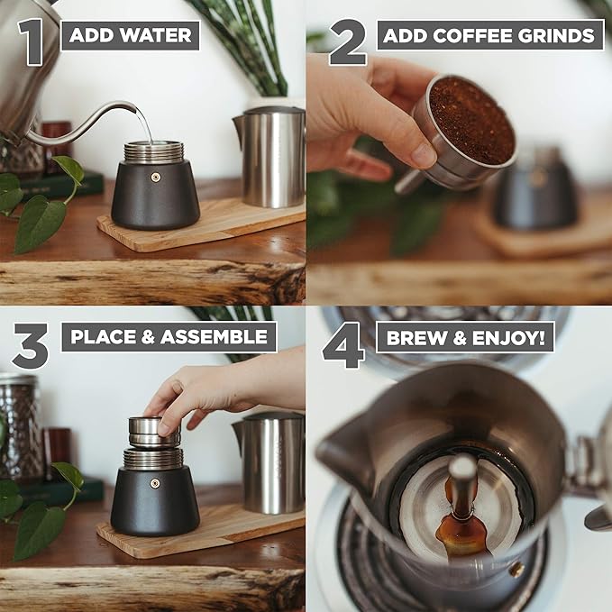 GROSCHE Milano Steel | 6 Espresso Cup | Stovetop Espresso Maker: Stainless Steel Moka Pot for Greca, Induction, Electric & Gas Stoves | Dishwasher Safe Stovetop Espresso Maker Moka Pot