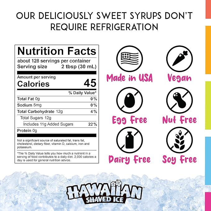 Hawaiian Shaved Ice Tiger's Blood Syrup - Nut Soy Dairy Free - Flavor Fluffy & Crunchy Snow Cone Ice - Shelf Stable - Makes 64 Servings - 1 Gallon