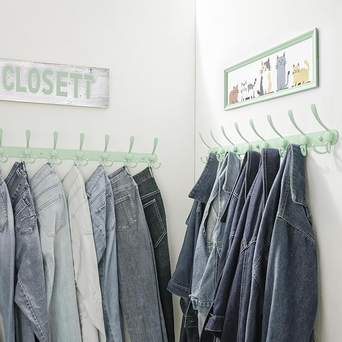 Dseap Coat Rack Wall Mount - 29.5” Long 8-Tri-Hooks Heavy Duty Coat Hanger Rail Wall Hooks for Hanging Coats Hats Clothing Clothes Purse Mudroom Entryway, Green