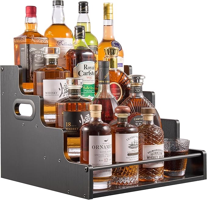 4-Tier Liquor Bottle Display Shelf, Coffee Syrup Rack Organizer, Water Bottle Organizer, Mini Bar Cabinet, Rustic Bar Shelves for Liquor Whiskey, Spirits（Black）