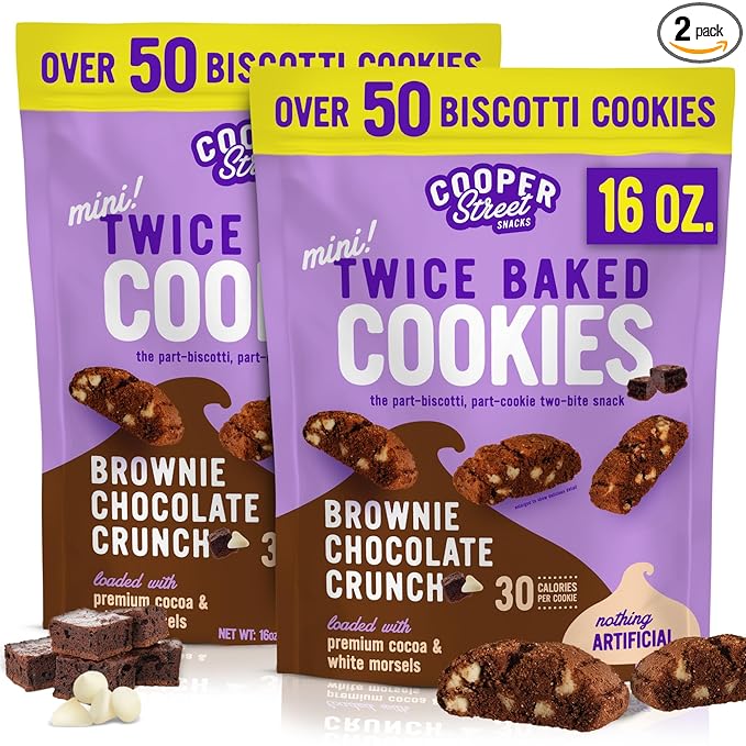 Cooper Street Twice-Baked Brownie Chocolate Biscotti Cookies (16oz each, Pack of 2) - 50 Two-Bite Mini Italian Style Snacks - Dairy-Free, Peanut Free, Kosher, Low-Calorie, Perfect with Coffee or Tea