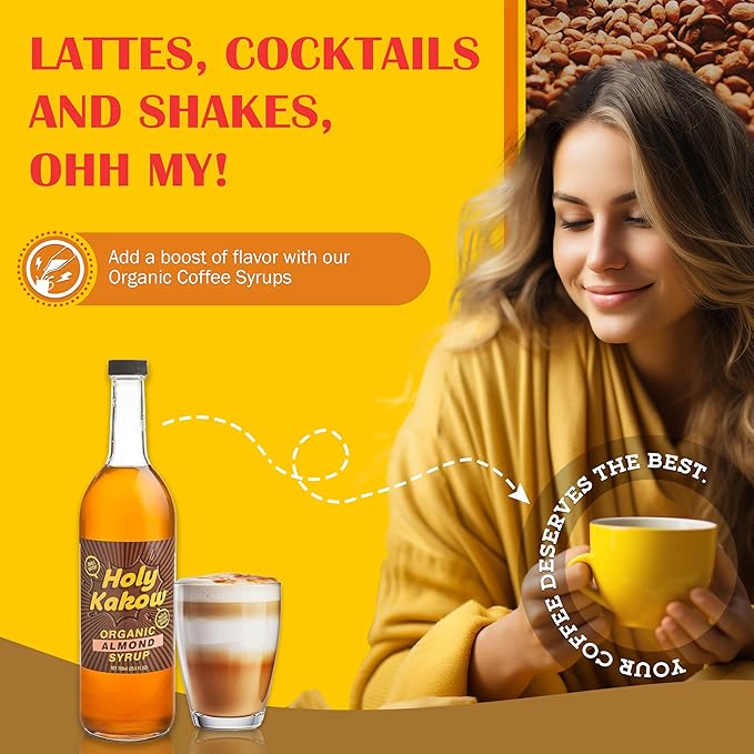 Holy Kakow Cafe Organic Almond Syrup - Almond Syrup, Coffee Syrup, Organic Syrup for Coffee, Almond Syrup for Coffee, Add to Latte, Cocktail and Shake, Real Food Ingredients, Specific Flavor - 750ml
