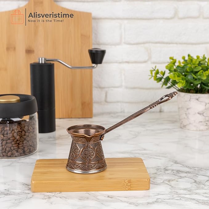 Alisveristime Authentic Turkish Coffee Pot, Handmade Cezve/Ibrik, Multiple Sizes and Colors Available - Enhance Your Coffee Experience Now! (Antique Brown, 1 Cup)