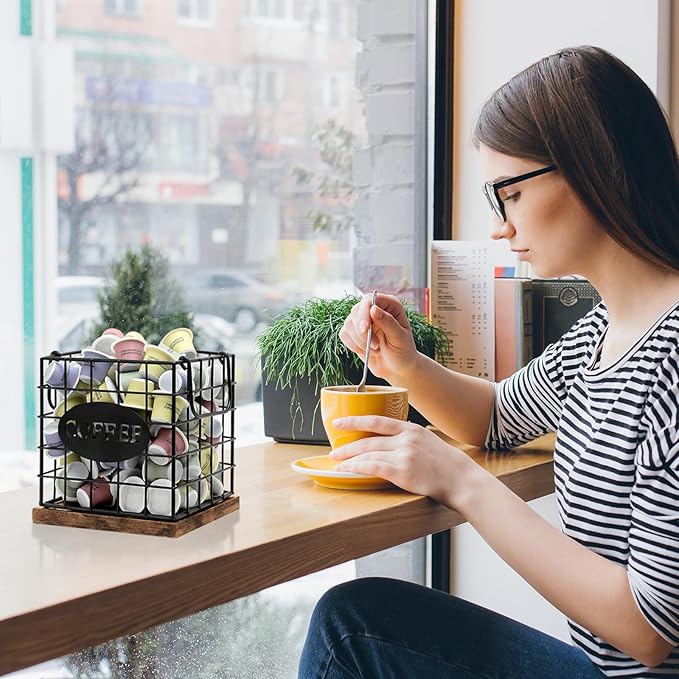 Coffee Pod Holder Organizer,Large Capacity K Cup Holder Organizer, Storage Basket for Kitchen Countertop Office Coffee Bar with Wooden Base(Rustic Brown-Square)
