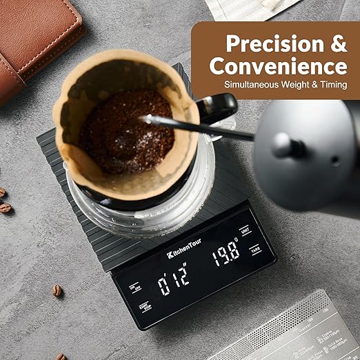 KitchenTour Coffee Scale with Timer 3kg/0.1g - High Precision Pour Over Drip Espresso Scale with Back-Lit LCD Display - Stain Steel Platform(Batteries Included)