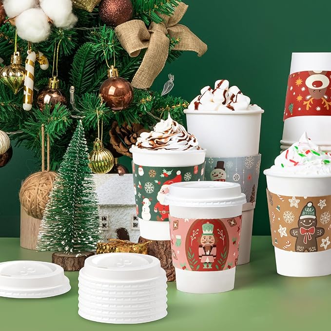 Fit Meal Prep 50 Pack 16 oz Christmas Disposable Coffee Cups with Lids, Sleeves, Leak-Proof To Go Coffee Cups with Lids, Durable Holiday Hot Paper Cups for Home, Office, Party, Business