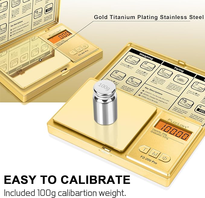 Fuzion Digital Pocket Gram Scale .01 Gram Accuracy, Gold Titanium Plating, 200g Small Digital Scale, Mini Jewelry Scale for Food, Herb, Spice, Coin - Weight Gram and Oz - 100g Calibration Weight