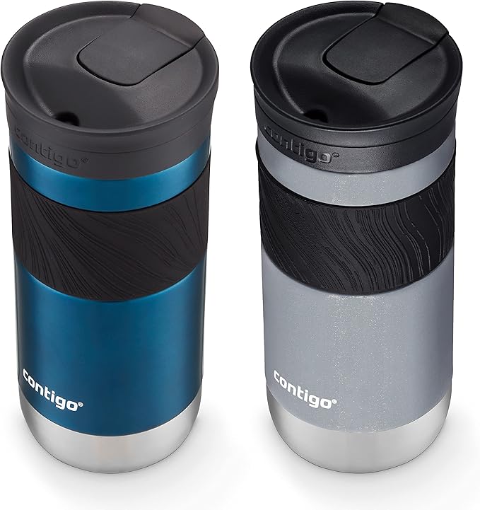 Contigo Byron 2.0 Snapseal Insulated Stainless Steel Travel Mug with Grip 2-pack, 16oz, Blueberry Satin & Gold Morel