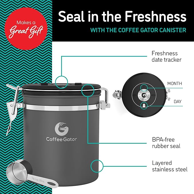 Coffee Gator Stainless Steel Canister - Medium 16oz, Gray Coffee Grounds and Beans Container with Date-Tracker, CO2-Release Valve, and Measuring Scoop - Ideal Coffee Lovers Gifts