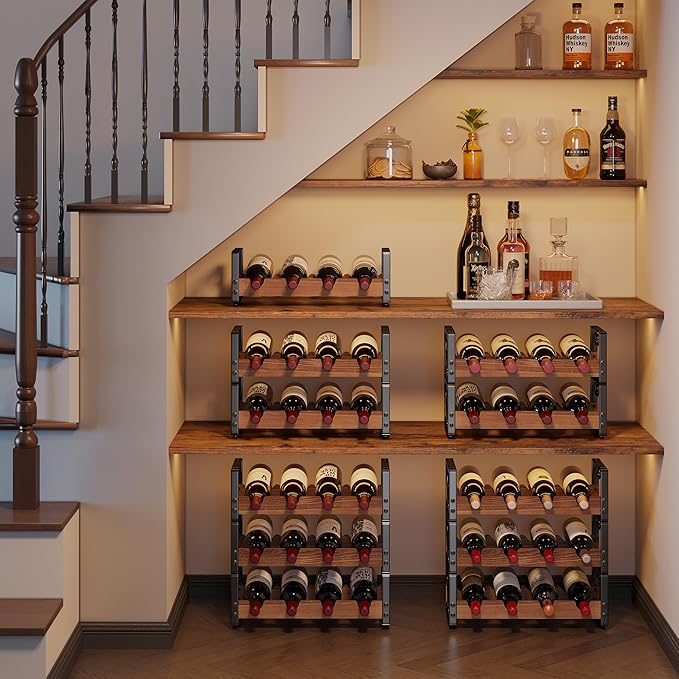 X-cosrack Wine Rack Countertop, 3-Tier 12 Bottles Small Wine Rack Stackable for Inside Cabinet, Solid Wood & Wrought Iron Wine Bottle Holder, Wine Storage Shelf for Kitchen Bar Dining Room