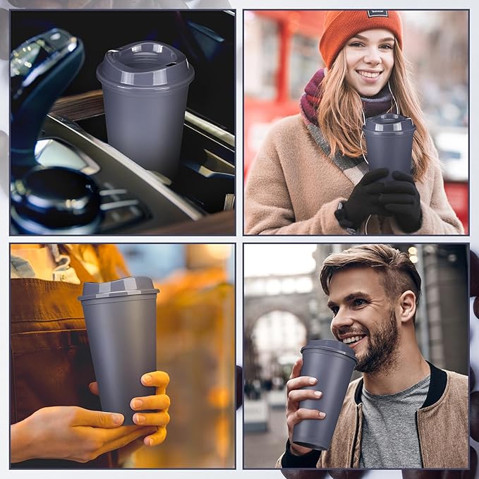Domensi 15 Pack Reusable Coffee Cups with Lids 16 oz Disposable Travel Cups Bulk Plastic to Go Coffee Tumblers for DIY Hot Cold Drink Party Favors Coworker, Microwaveable (Gray)
