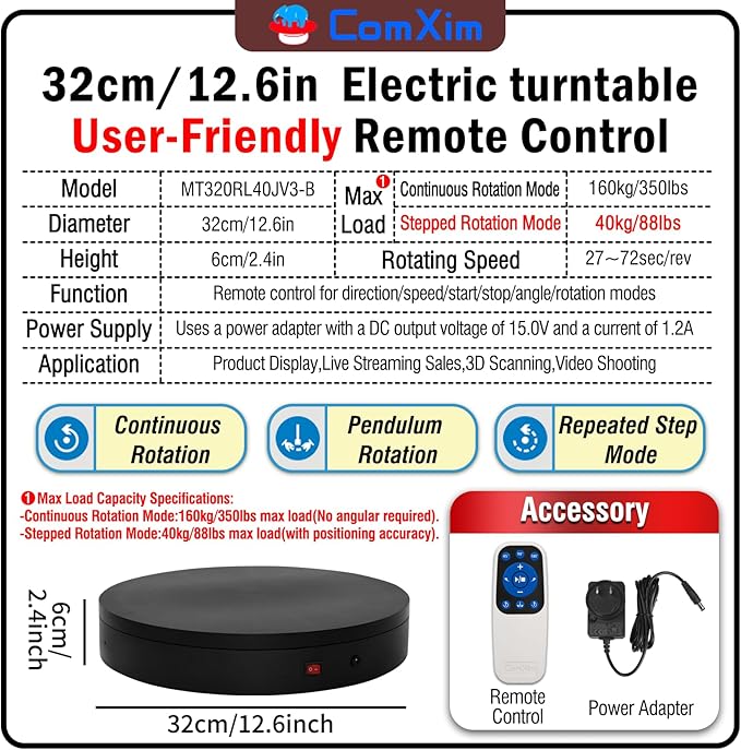 12.6Inch/350lbs Capacity Electric Motorized Turntable,Remote Rotating Display Stand ,Large Rotating Platform,Photography Turntable,Heavy Duty Display Turntables for Photography,3D Scanner,Exhibition