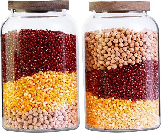 Large Glass Jar with Airtight Lid 94 FL OZ Glass Canister Set Wooden Lids Glass Food Storage Containers for Kitchen Counter Flour Tea Coffee Beans Sugar Cookies Overnight Oats (2pcs 2.8L)