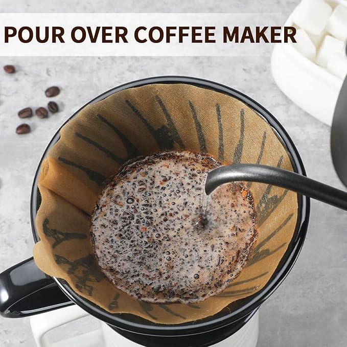 Mongdio V60 Ceramic Pour Over Coffee Dripper, Reusable Porcelain Portable Pour Over Coffee Maker, Slow Brewing Accessories with 1 Holes for Home - Size 01 Black