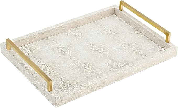 Ivory Shagreen Decorative Tray Large Rectangle Coffee Table Tray for Ottoman Faux Leather Serving Tray with Brushed Gold Handles