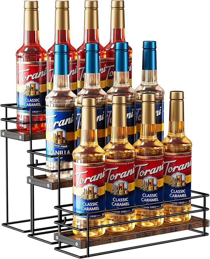 Nuovoware Coffee Syrup Organizer, 3-Tier 12 Bottles Bar Organizer, Separable Metal Rack with Wooden Base Whiskey Wine Dressing for Countertop Kitchen Coffee Bar, Black