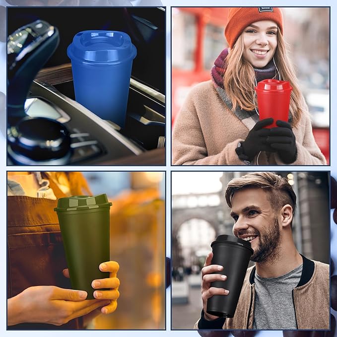 Domensi 15 Pack Reusable Coffee Cups with Lids 16 oz Disposable Travel Cups Bulk Plastic to Go Coffee Tumblers for DIY Hot Cold Drink Party Favors Coworker, Microwaveable (Classic Color)