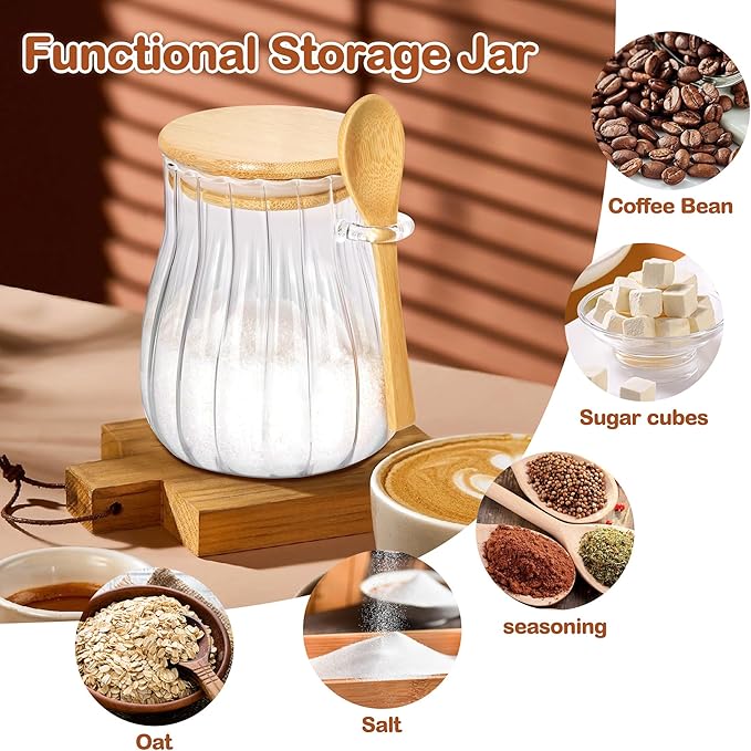 20oz Sugar Container with Bamboo Lid and Spoon,600 ml Sugar Bowl Glass Jar for Coffee Bar Accessories Coffee Canister Kitchen Decor (Large)