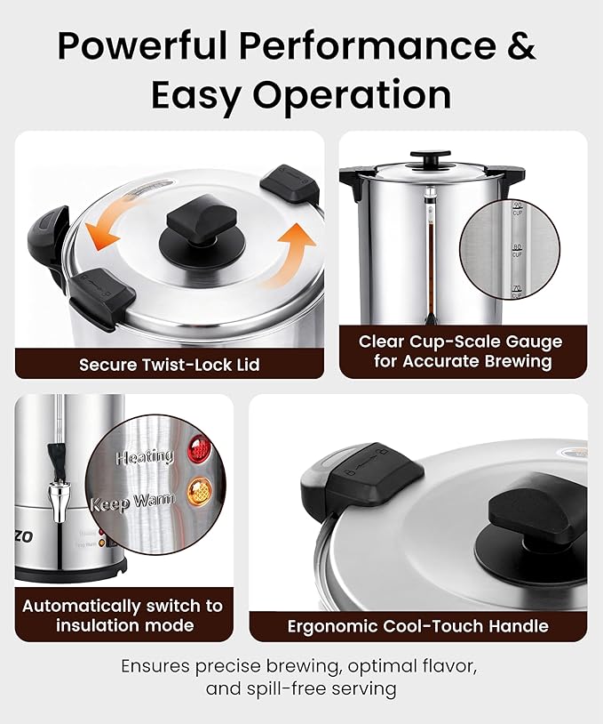 Commercial Coffee Maker 110-Cup Large Percolator Coffee Pot Electric Dispenser, Double Wall Stainless Steel Hot Water Urn for Quick Brew with No-Drip, 16L Cup Scale for Catering Events
