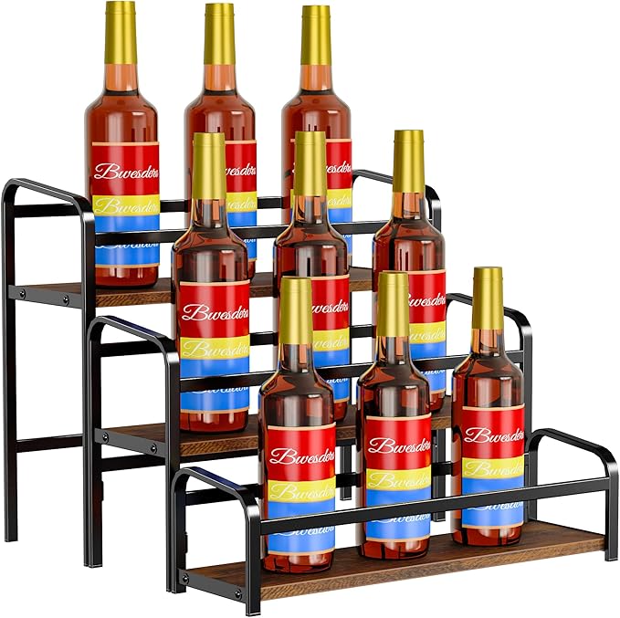 Coffee Syrup Rack Organizer, Wine Racks, Spice Racks, 3-Tier (Magnetic Connection) 12 Bottles Storage Shelves for Syrup Bottle Holder Stand for Coffee Bar, Kitchen Countertop, Rustic Brown & Black