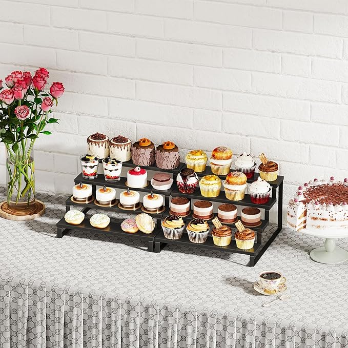 Giikin Wooden Display Stand Riser - Set of 2, 3 Tier Organizer Stand for Perfume, Cupcakes, Home & Shop, Black
