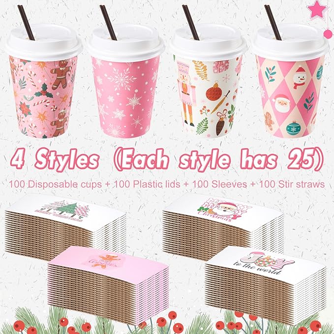 Remerry 100 Sets 400 Pcs 12 oz Christmas Disposable Coffee Cups with Lid, Straws and Sleeves Snowflake Reindeer Snowman Paper Cups Xmas Party Supplies for Hot Drink Cold Beverage(Pink Christmas)