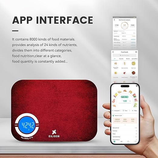 EILISON Smart Kitchen Scale with Bluetooth App, High-Precision Digital Food Scale for Baking, Cooking & Diet, 8000 Food Database, 24 Nutrients, Touchscreen, Tare Function, 5g-8000g Capacity (Red)